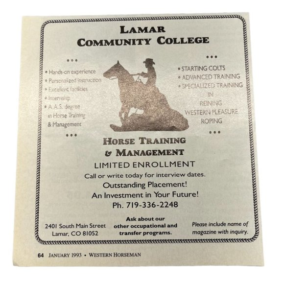 Other - 1993 Lamar Community College Vintage Print Ad Horse Training Mangement Colorado